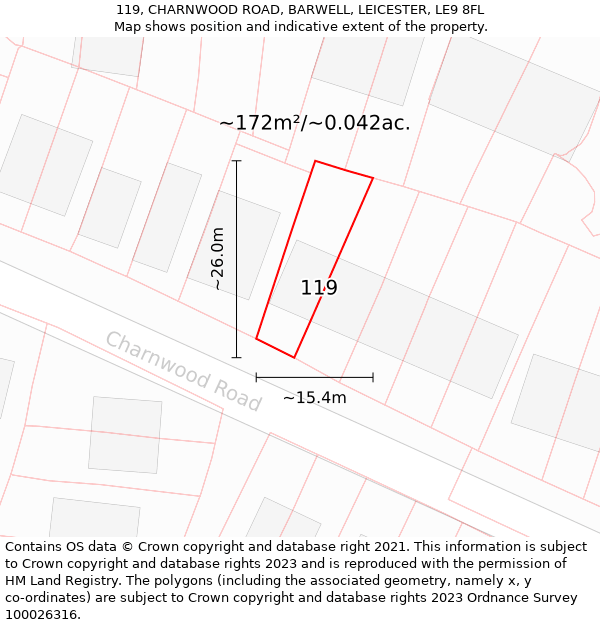 119, CHARNWOOD ROAD, BARWELL, LEICESTER, LE9 8FL: Plot and title map