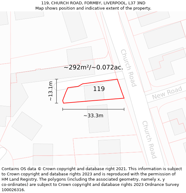 119, CHURCH ROAD, FORMBY, LIVERPOOL, L37 3ND: Plot and title map