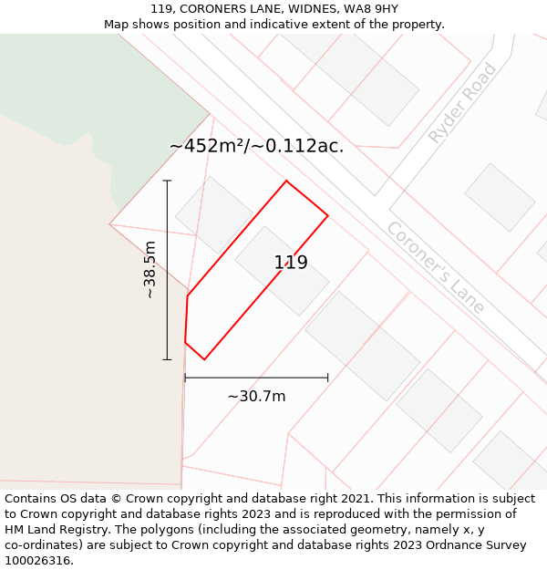 119, CORONERS LANE, WIDNES, WA8 9HY: Plot and title map