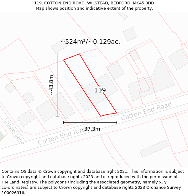 119, COTTON END ROAD, WILSTEAD, BEDFORD, MK45 3DD: Plot and title map