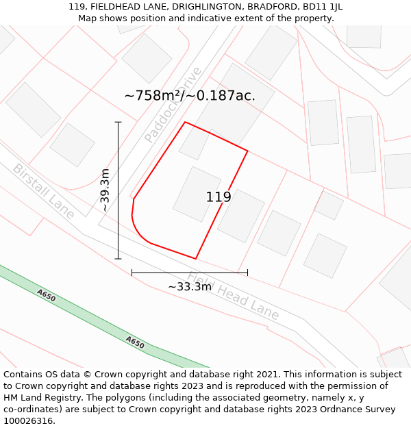 119, FIELDHEAD LANE, DRIGHLINGTON, BRADFORD, BD11 1JL: Plot and title map