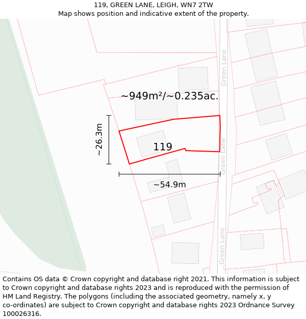 119, GREEN LANE, LEIGH, WN7 2TW: Plot and title map