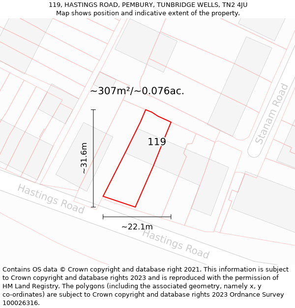 119, HASTINGS ROAD, PEMBURY, TUNBRIDGE WELLS, TN2 4JU: Plot and title map