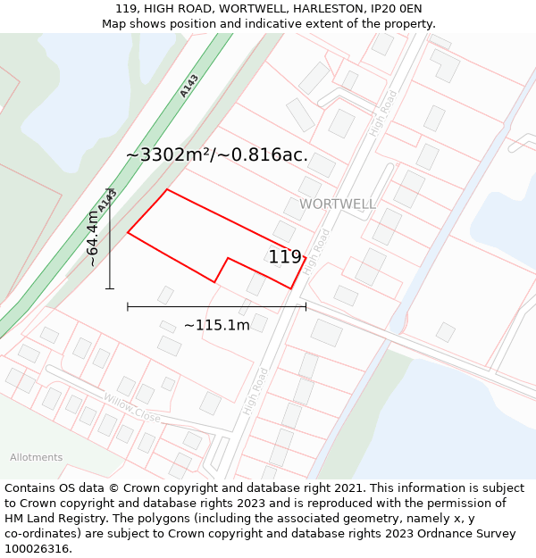 119, HIGH ROAD, WORTWELL, HARLESTON, IP20 0EN: Plot and title map