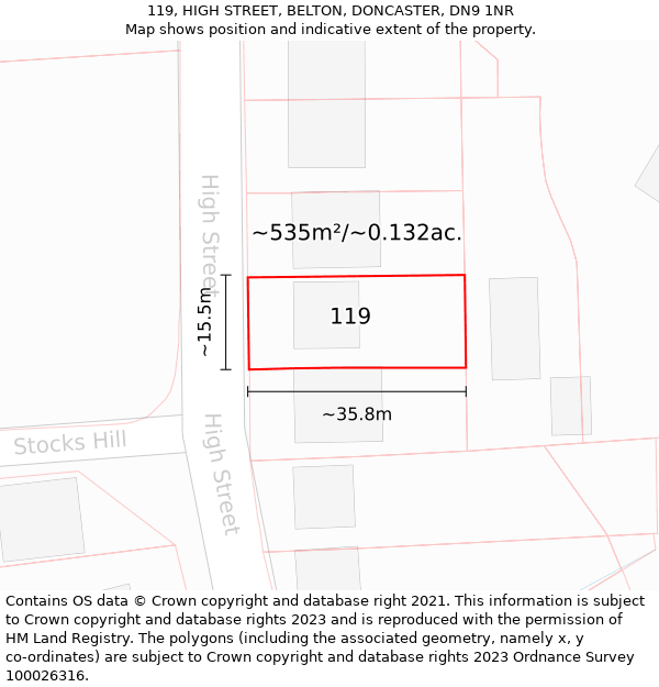 119, HIGH STREET, BELTON, DONCASTER, DN9 1NR: Plot and title map