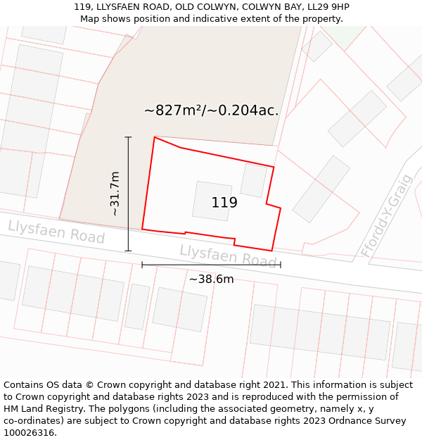 119, LLYSFAEN ROAD, OLD COLWYN, COLWYN BAY, LL29 9HP: Plot and title map