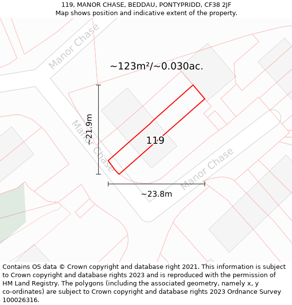 119, MANOR CHASE, BEDDAU, PONTYPRIDD, CF38 2JF: Plot and title map