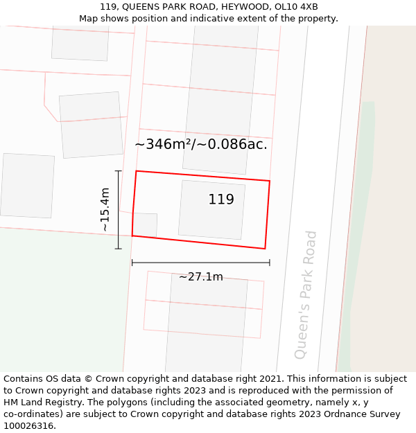 119, QUEENS PARK ROAD, HEYWOOD, OL10 4XB: Plot and title map