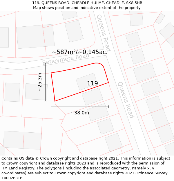 119, QUEENS ROAD, CHEADLE HULME, CHEADLE, SK8 5HR: Plot and title map