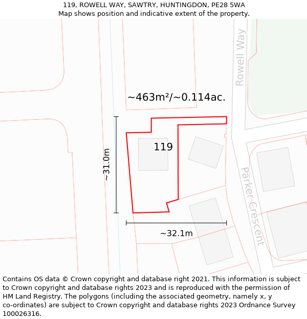 119, ROWELL WAY, SAWTRY, HUNTINGDON, PE28 5WA: Plot and title map