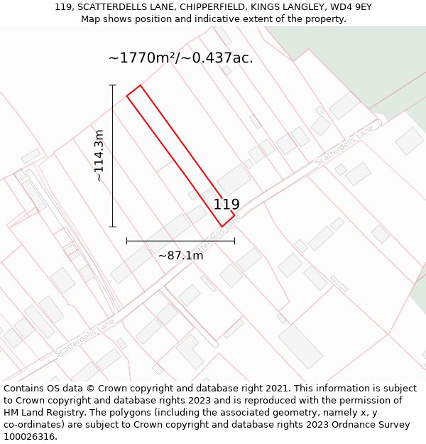 119, SCATTERDELLS LANE, CHIPPERFIELD, KINGS LANGLEY, WD4 9EY: Plot and title map