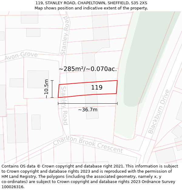 119, STANLEY ROAD, CHAPELTOWN, SHEFFIELD, S35 2XS: Plot and title map