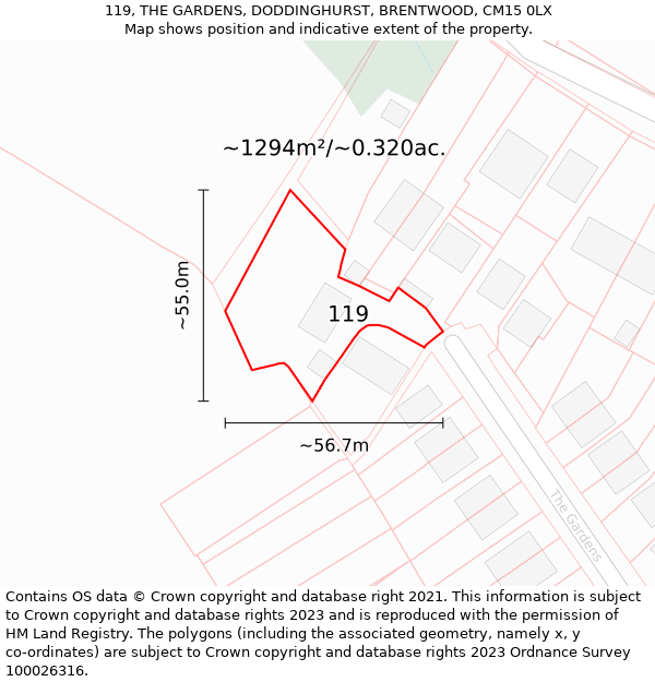 119, THE GARDENS, DODDINGHURST, BRENTWOOD, CM15 0LX: Plot and title map