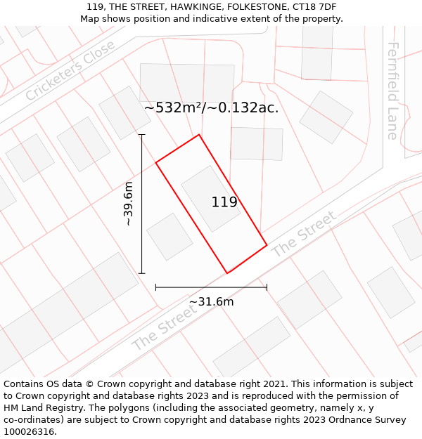 119, THE STREET, HAWKINGE, FOLKESTONE, CT18 7DF: Plot and title map