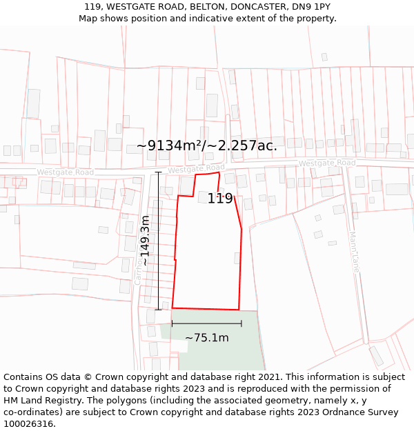 119, WESTGATE ROAD, BELTON, DONCASTER, DN9 1PY: Plot and title map