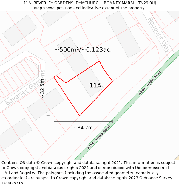 11A, BEVERLEY GARDENS, DYMCHURCH, ROMNEY MARSH, TN29 0UJ: Plot and title map