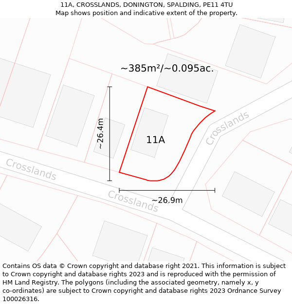 11A, CROSSLANDS, DONINGTON, SPALDING, PE11 4TU: Plot and title map