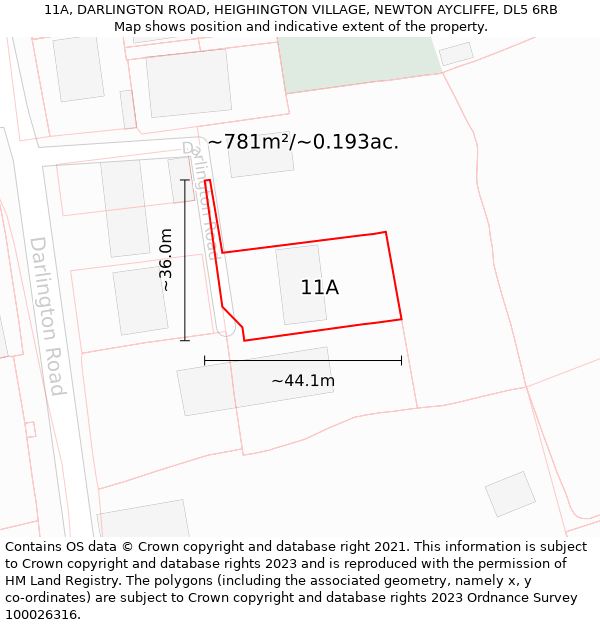 11A, DARLINGTON ROAD, HEIGHINGTON VILLAGE, NEWTON AYCLIFFE, DL5 6RB: Plot and title map