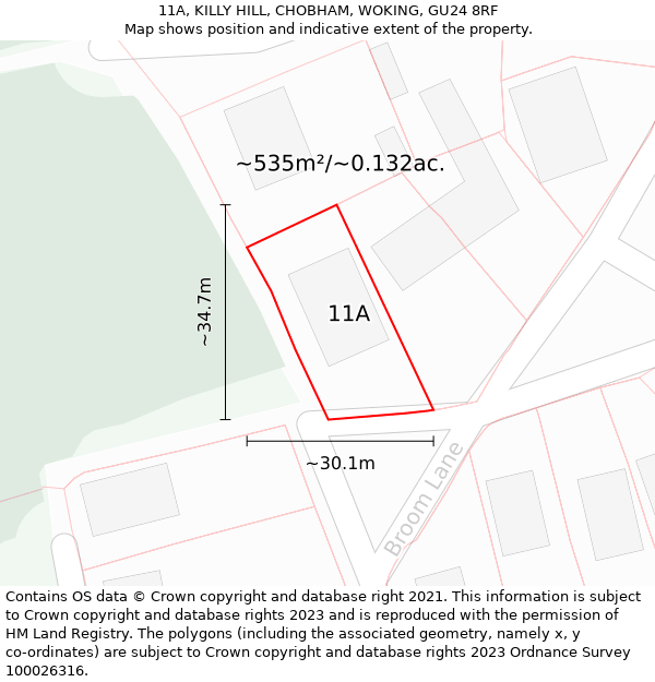 11A, KILLY HILL, CHOBHAM, WOKING, GU24 8RF: Plot and title map