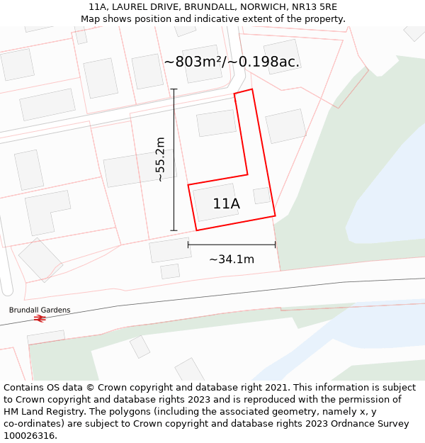 11A, LAUREL DRIVE, BRUNDALL, NORWICH, NR13 5RE: Plot and title map