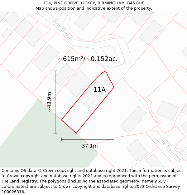 11A, PINE GROVE, LICKEY, BIRMINGHAM, B45 8HE: Plot and title map