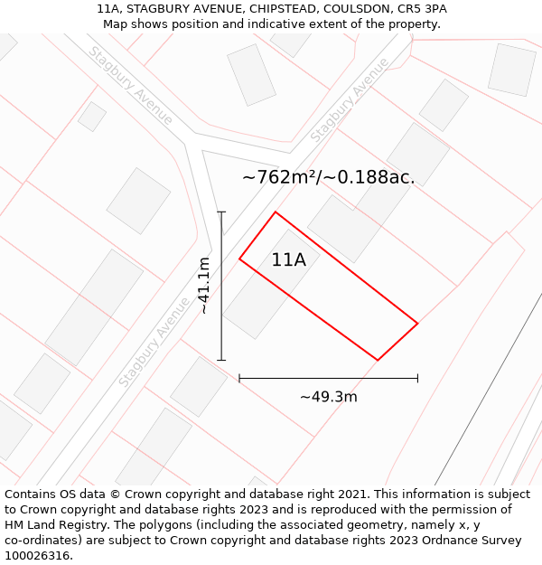 11A, STAGBURY AVENUE, CHIPSTEAD, COULSDON, CR5 3PA: Plot and title map