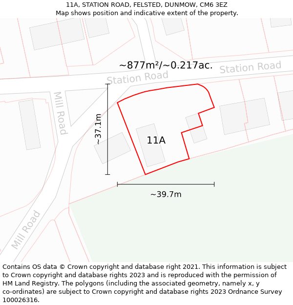 11A, STATION ROAD, FELSTED, DUNMOW, CM6 3EZ: Plot and title map