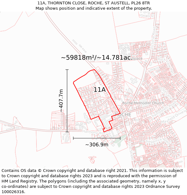 11A, THORNTON CLOSE, ROCHE, ST AUSTELL, PL26 8TR: Plot and title map