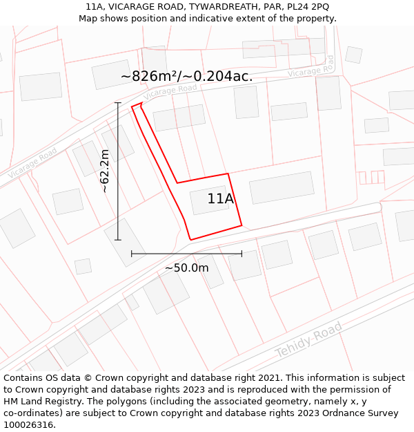 11A, VICARAGE ROAD, TYWARDREATH, PAR, PL24 2PQ: Plot and title map