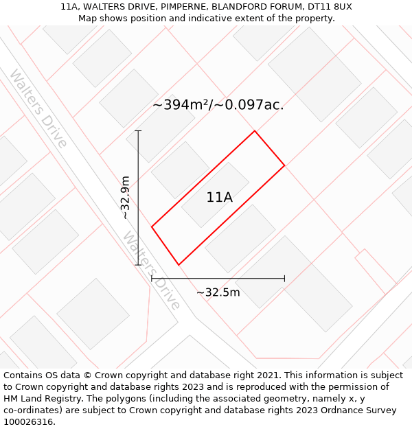 11A, WALTERS DRIVE, PIMPERNE, BLANDFORD FORUM, DT11 8UX: Plot and title map