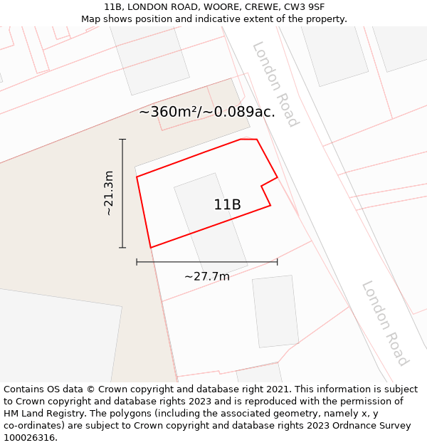 11B, LONDON ROAD, WOORE, CREWE, CW3 9SF: Plot and title map