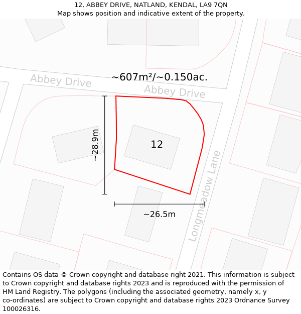 12, ABBEY DRIVE, NATLAND, KENDAL, LA9 7QN: Plot and title map