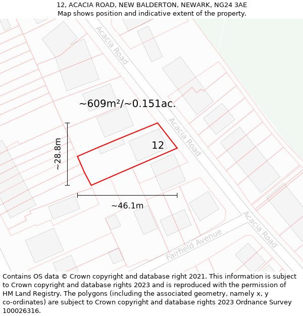 12, ACACIA ROAD, NEW BALDERTON, NEWARK, NG24 3AE: Plot and title map