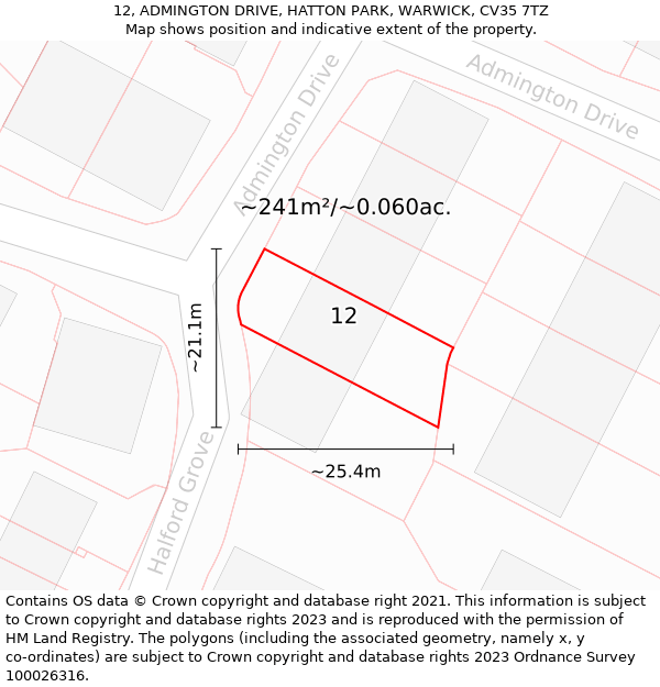 12, ADMINGTON DRIVE, HATTON PARK, WARWICK, CV35 7TZ: Plot and title map