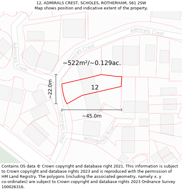 12, ADMIRALS CREST, SCHOLES, ROTHERHAM, S61 2SW: Plot and title map