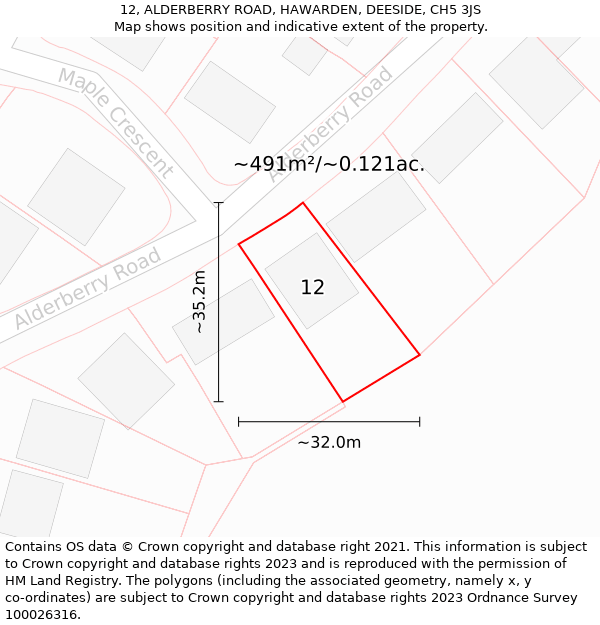 12, ALDERBERRY ROAD, HAWARDEN, DEESIDE, CH5 3JS: Plot and title map