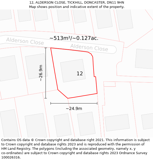 12, ALDERSON CLOSE, TICKHILL, DONCASTER, DN11 9HN: Plot and title map