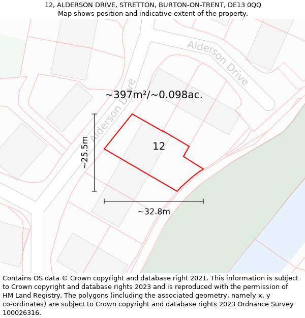 12, ALDERSON DRIVE, STRETTON, BURTON-ON-TRENT, DE13 0QQ: Plot and title map