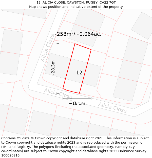 12, ALICIA CLOSE, CAWSTON, RUGBY, CV22 7GT: Plot and title map