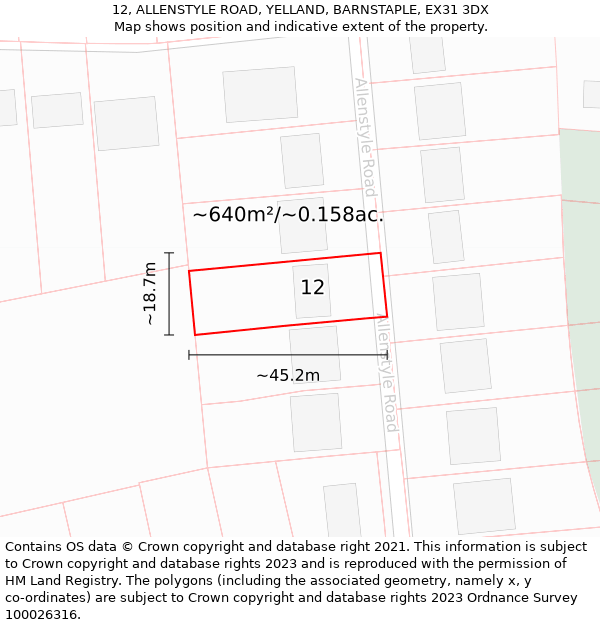 12, ALLENSTYLE ROAD, YELLAND, BARNSTAPLE, EX31 3DX: Plot and title map