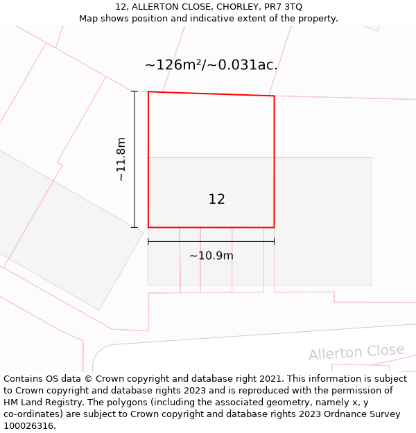 12, ALLERTON CLOSE, CHORLEY, PR7 3TQ: Plot and title map