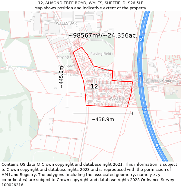 12, ALMOND TREE ROAD, WALES, SHEFFIELD, S26 5LB: Plot and title map