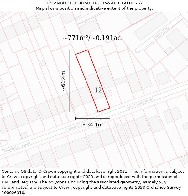 12, AMBLESIDE ROAD, LIGHTWATER, GU18 5TA: Plot and title map