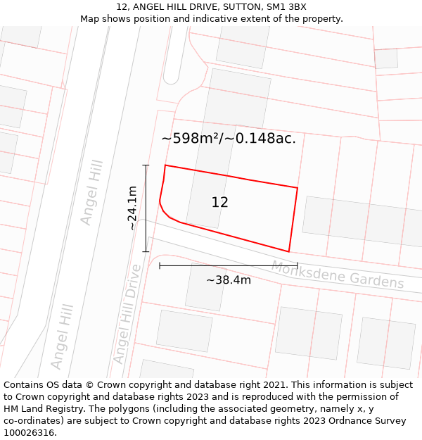 12, ANGEL HILL DRIVE, SUTTON, SM1 3BX: Plot and title map