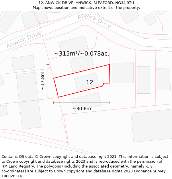 12, ANWICK DRIVE, ANWICK, SLEAFORD, NG34 9TU: Plot and title map