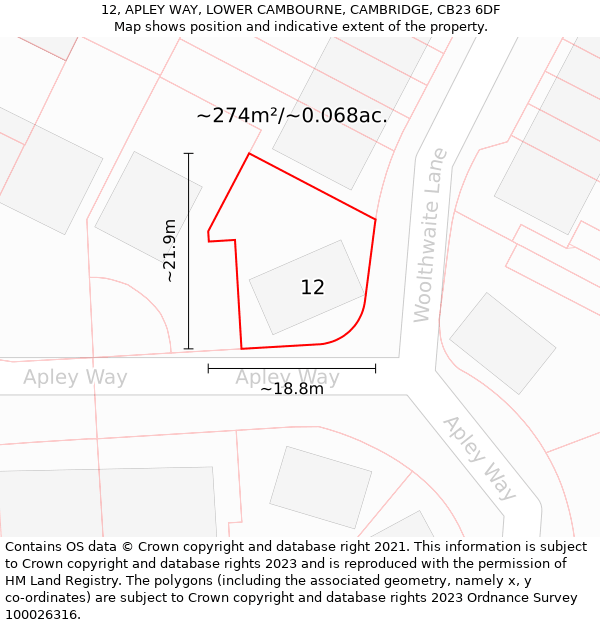 12, APLEY WAY, LOWER CAMBOURNE, CAMBRIDGE, CB23 6DF: Plot and title map