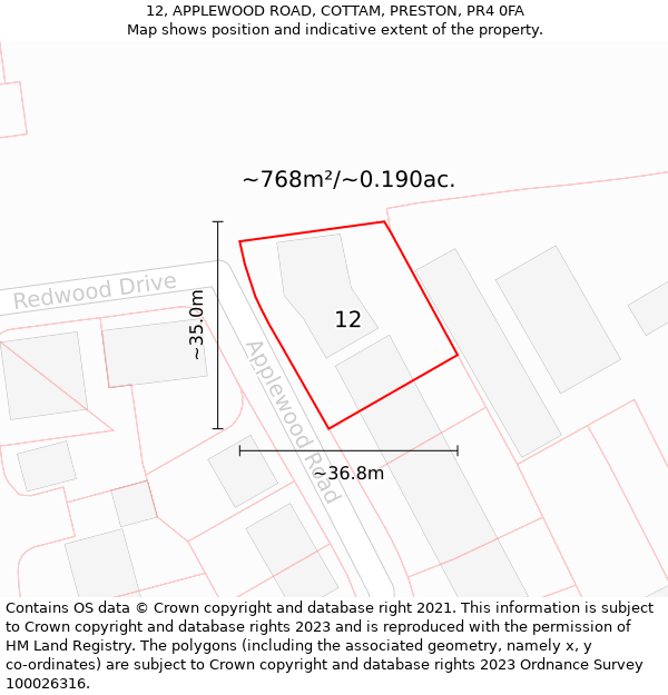 12, APPLEWOOD ROAD, COTTAM, PRESTON, PR4 0FA: Plot and title map