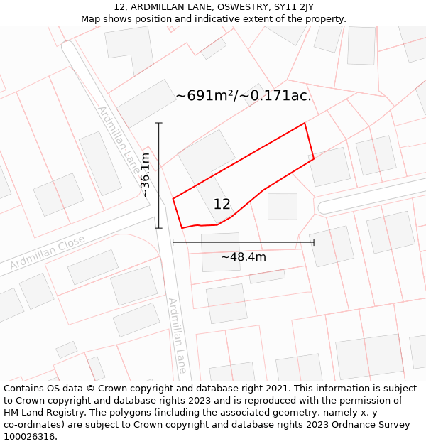 12, ARDMILLAN LANE, OSWESTRY, SY11 2JY: Plot and title map