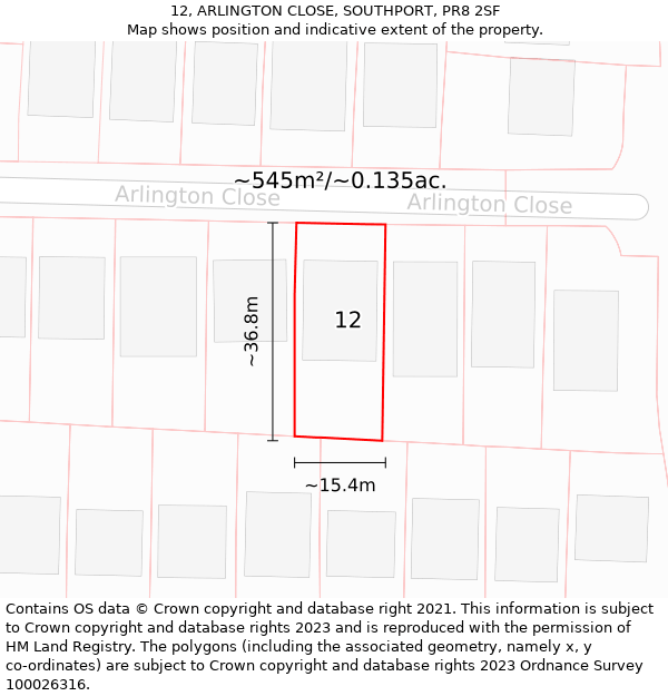 12, ARLINGTON CLOSE, SOUTHPORT, PR8 2SF: Plot and title map