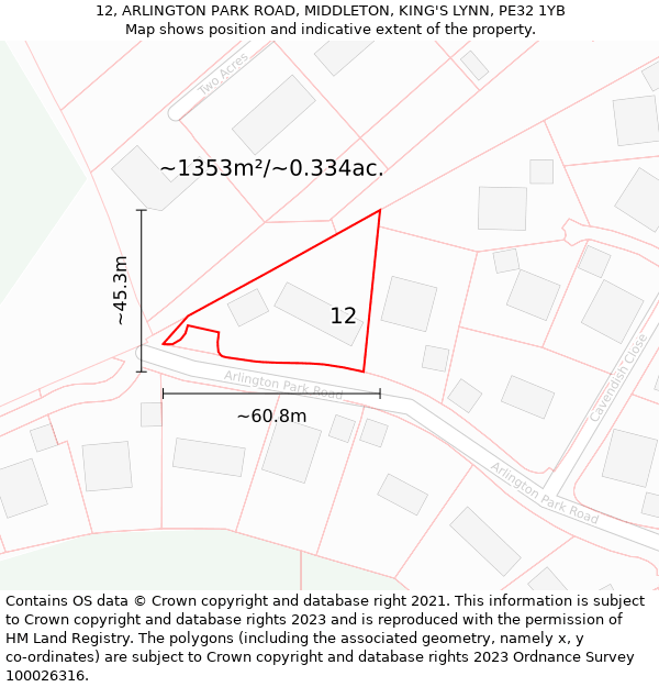 12, ARLINGTON PARK ROAD, MIDDLETON, KING'S LYNN, PE32 1YB: Plot and title map